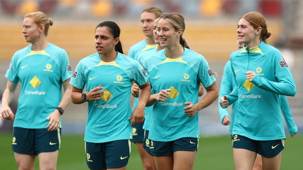 BRISBANE, AUSTRALIA – JULY 17: Players run during an Australia Matildas training session ahead of the FIFA Women's World Cup Australia &amp; New Zealand 2023 Group B match between Australia and Ireland at Queensland Sport and Athletics Centre on July 17, 2023 in Brisbane, Australia. (Photo by Chris Hyde/Getty Images)