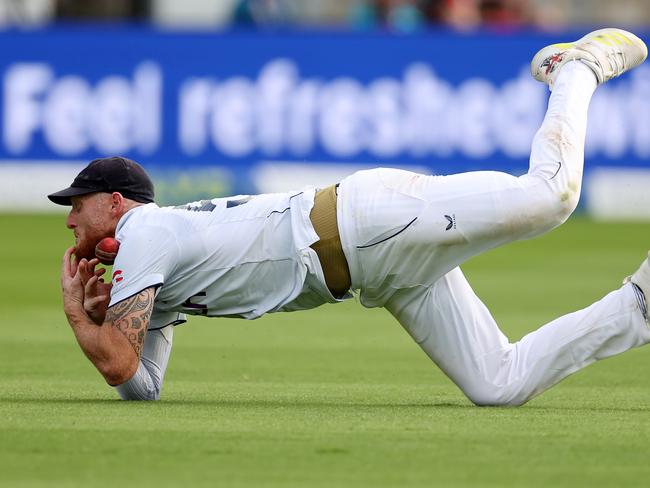 Ben Stokes drops Nathan Lyon on day five of the first Test, a critical moment in the Ashes opener. Picture: Ryan Pierse/Getty Images