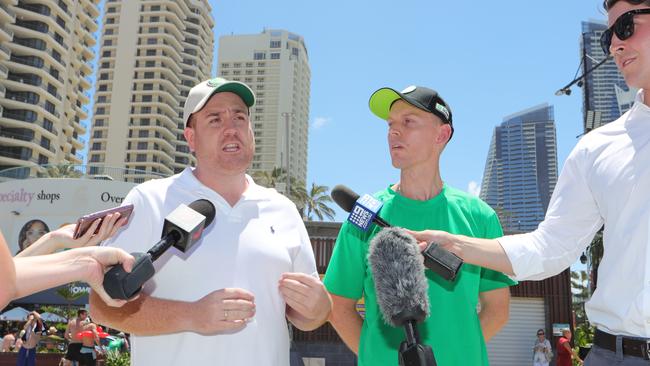 Mitchell Price (left) at Lime Scooters ill-fated launch at Surfers Paradise. Picture: Glenn Hampson