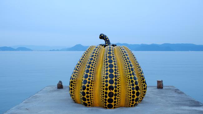 Yayoi Kusama's giant pumpkin sculpture in Naoshima Art island, Japan.