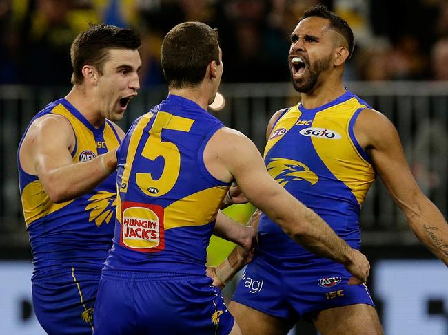 PERTH, WESTERN AUSTRALIA - SEPTEMBER 08: Lewis Jetta of the Eagles celebrates after scoring a goal during the AFL Second Qualifying Final match between the West Coast Eagles and the Collingwood Magpies at Optus Stadium on September 8, 2018 in Perth, Australia.  (Photo by Will Russell/AFL Media/Getty Images)