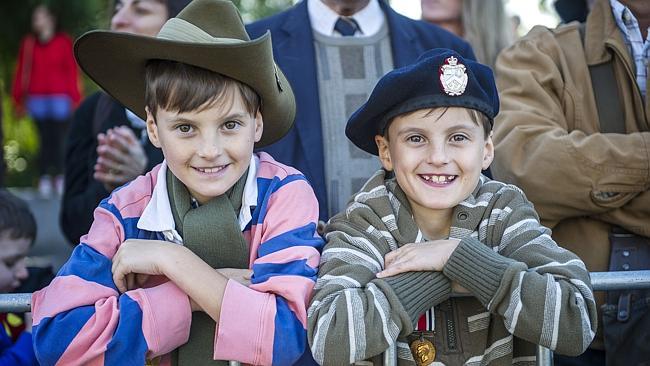 Twins Thomas and Charlie Windsor wearing service medals from five different relations. Picture: Eugene Hyland