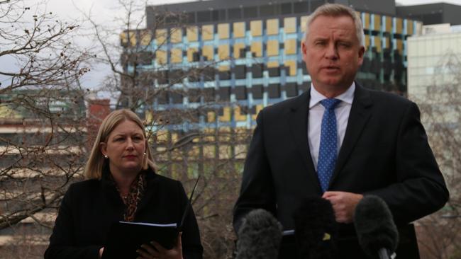 Premier Jeremy Rockliff and State Health Commander Kathrine Morgan-Wicks speak to the media.