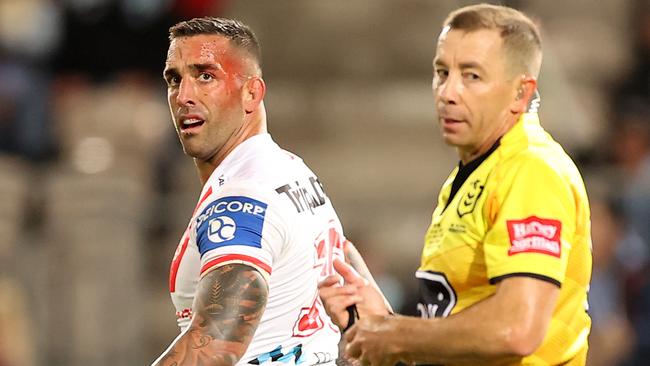 SYDNEY, AUSTRALIA - MAY 21:  Paul Vaughan of the Dragons is sent to the sin-bin by referee Ben Cummins during the round 11 NRL match between the Cronulla Sharks and the St George Illawarra Dragons at Netstrata Jubilee Stadium on May 21, 2021, in Sydney, Australia. (Photo by Mark Kolbe/Getty Images)