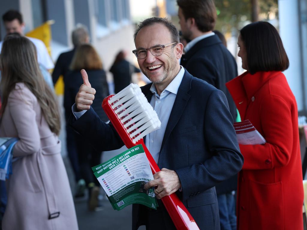 Bandt carried a giant toothbrush during the Greens campaign to push for dental coverage in Medicare. Picture: David Caird/NewsWire