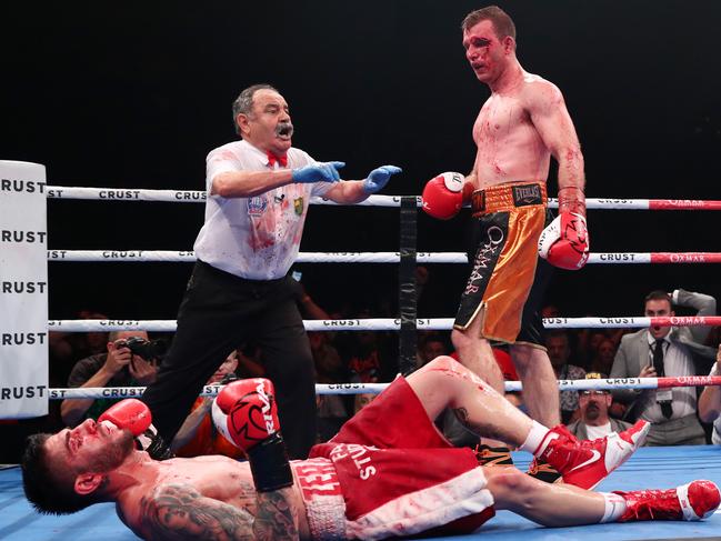 Jeff Horn knocks down Michael Zerafa during their recent bloody middleweight bout.