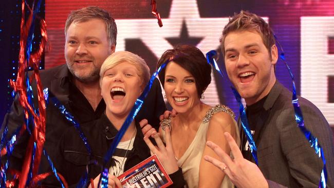 Australia's Got Talent final: Kyle Sandilands, Dannii Minogue and Brian McFadden with Jack Vidgen.