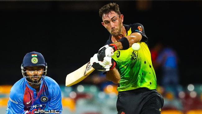 Glenn Maxwell hits out for Australia against India on Wednesday night. Picture: AFP