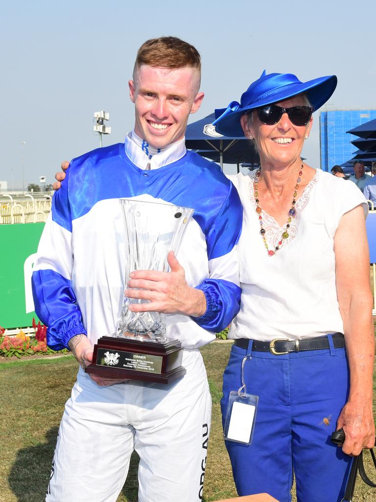 Les Tilley and trainer Charlotte White after Spurcraft’s win in yesterday’s Bribie Handicap at at Doomben. Picture: Natasha Trackside Photography