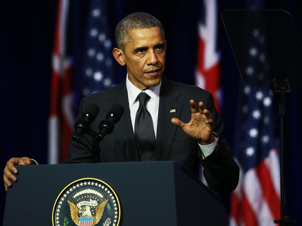 Former US president Barack Obama speaking at the University of Queensland during the G20. His remarks about climate change came as a shock to his G20 host, Tony Abbott.