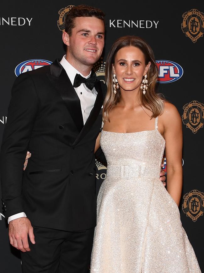 Brad Crouch and his partner Britt Kennedy at the 2019 Brownlow Medal where he polled the most votes for a Crow. Picture: Quinn Rooney/Getty Images