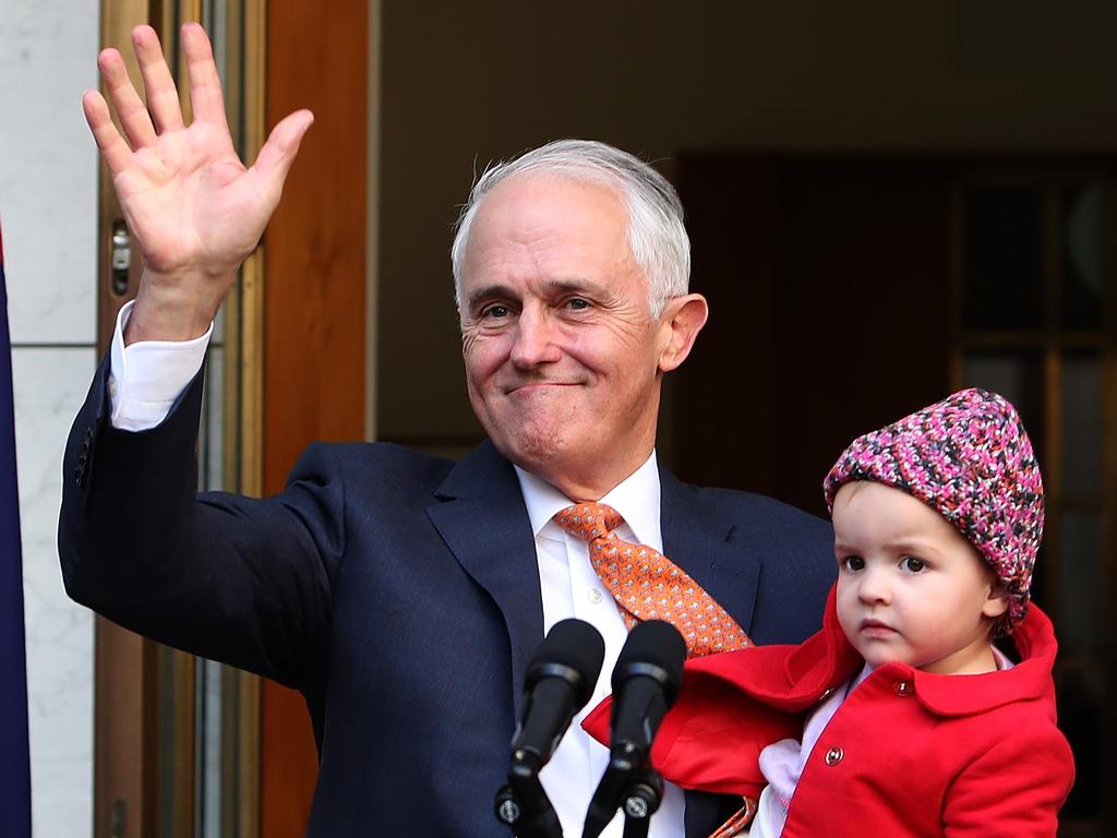 PM Malcolm Turnbull with his Grandchildren Alice after holding press conference at Parliament House in Canberra. Picture Kym Smith