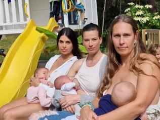 Gold Coast mums Stephanie Ruzic, Shannon Laverty and Aliesha Fry will join about 50 other women inside Pacific Fair to breastfeed their babies in protest after one mum was told to "move on" by a female concierge while breastfeeding her young son. Picture: Supplied.