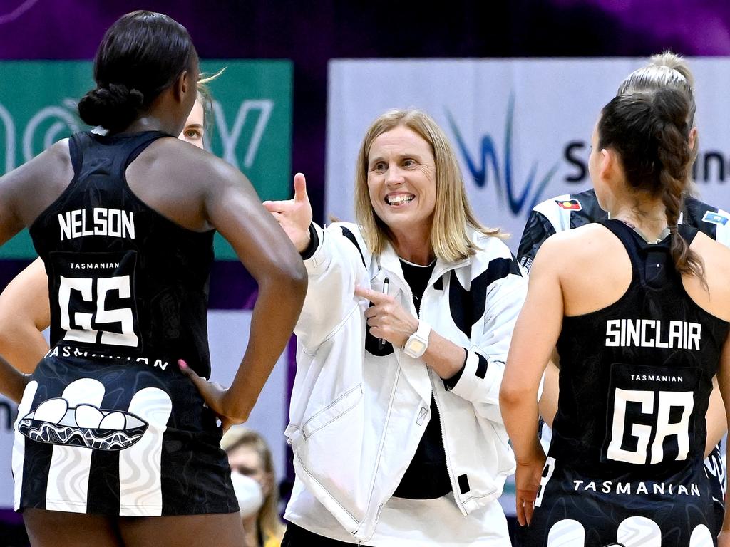 Magpies coach Nicole Richardson was equally ecstatic for her star centre-courter. Picture: Bradley Kanaris/Getty Images