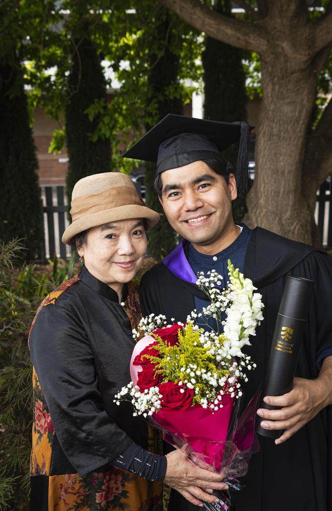 Tao Lin congratulates her son Likun Lin on his Juris Doctor graduation at a UniSQ graduation ceremony at The Empire, Tuesday, October 29, 2024. Picture: Kevin Farmer