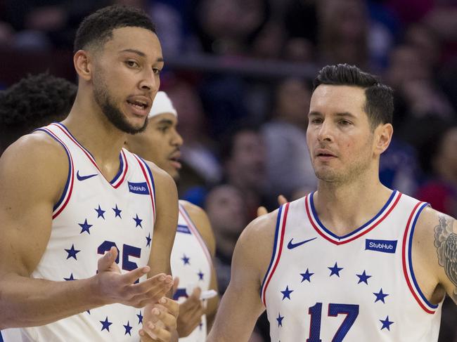 PHILADELPHIA, PA - FEBRUARY 23: Ben Simmons #25 of the Philadelphia 76ers talks to JJ Redick #17 against the Portland Trail Blazers at the Wells Fargo Center on February 23, 2019 in Philadelphia, Pennsylvania. NOTE TO USER: User expressly acknowledges and agrees that, by downloading and or using this photograph, User is consenting to the terms and conditions of the Getty Images License Agreement. (Photo by Mitchell Leff/Getty Images)