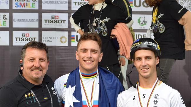 Former Toowoomba man Wade Bootes (left) congratulates Aussie riders Brandon Loupos and Logan Martin on their performances at the 2019 Freestyle World Championship team in China in November. PHOTO: Liam Quinlivan/Australian Cycling Team