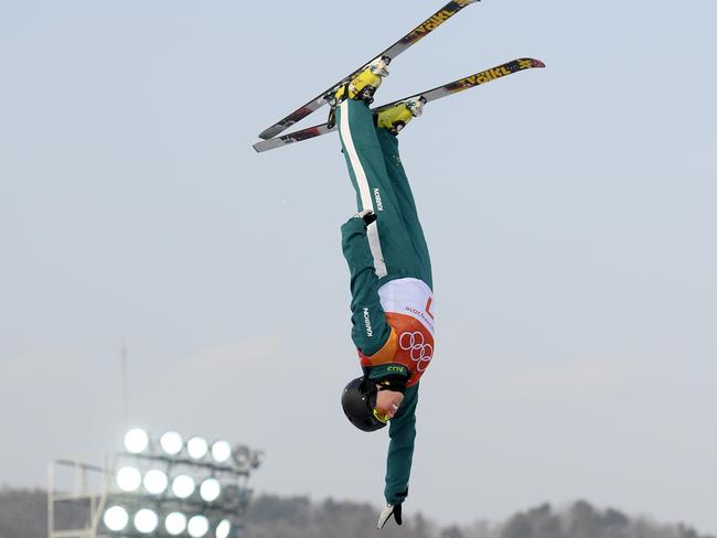 Laura Peel jumps during freestyle aerials training in PyeongChang.