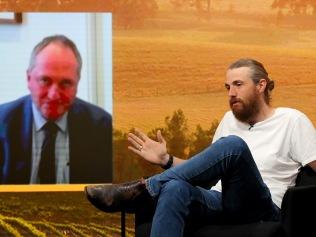 Barnaby Joyce and Atlassian CEO Mike Cannon-Brookes clash over the value of renewables during The Bush Summit. Picture: Toby Zerna