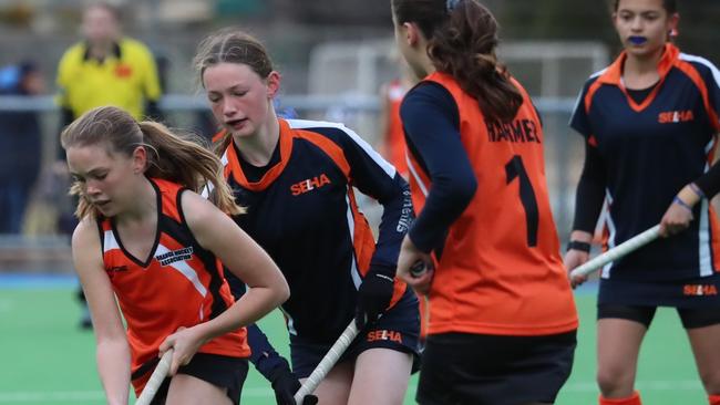 Action at the 2021 NSW U15 girls hockey championships in Lithgow. Pic: Click In Focus