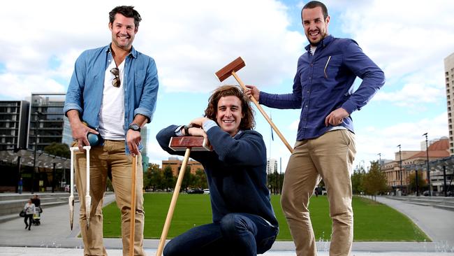 Tom Skipper, Stuart Duckworth and Sam Weckert from the Royal Croquet Club in Victoria Square. Picture: Calum Robertson.