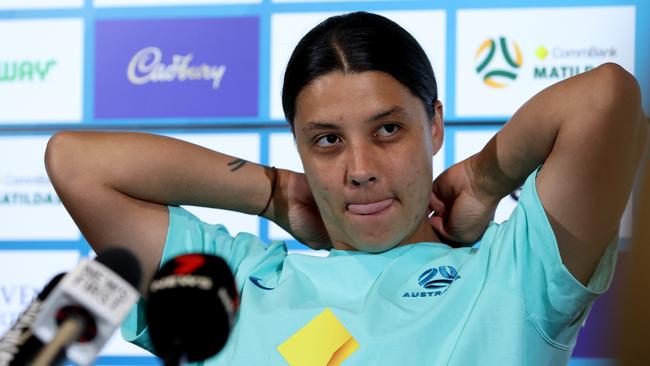 PERTH, AUSTRALIA - OCTOBER 28: Samantha Kerr of the Matildas speaks at a press conference after the Australia Matildas training session at Optus Stadium on October 28, 2023 in Perth, Australia. (Photo by Will Russell/Getty Images)