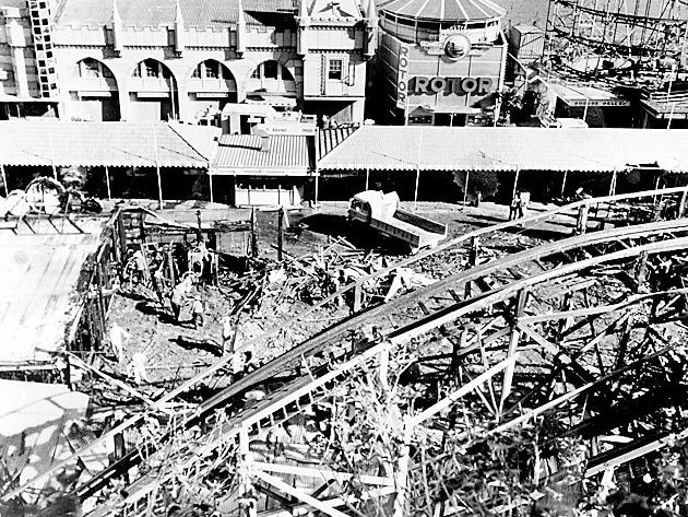 The destroyed Ghost train, hours after the fire. Picture: Fire Australia's First Century Historical