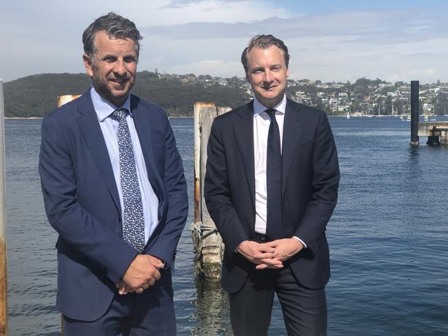Minister for Transport Andrew Constance and Manly MP James Griffin at Manly Wharf. Picture: Julie Cross