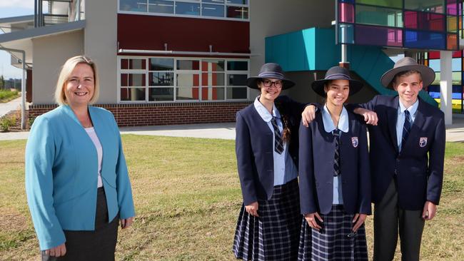 Oran Park Anglican principal Naomi Wilkins with students in 2017. Picture: Ian Svegovic