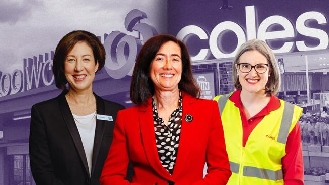 Woolworths CEO Amanda Bardwell, ACCC chair Gina Cass-Gottlieb and Coles CEO Leah Weckert. Digital image.