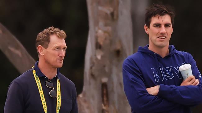 SYDNEY, AUSTRALIA - OCTOBER 08: Australia chief selector George Bailey and Australian Cricket Captain, Pat Cummins look on during the Sheffield Shield match between New South Wales and South Australia at Cricket Central, on October 08, 2024, in Sydney, Australia. (Photo by Mark Evans/Getty Images)