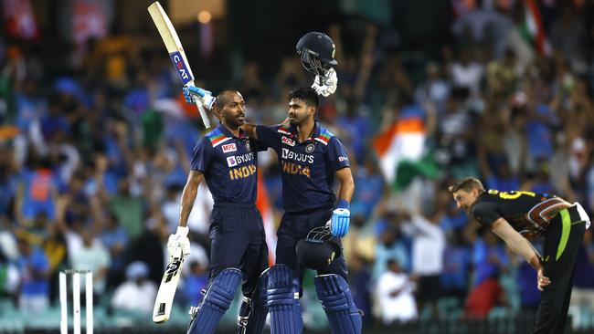 Hardik Pandya celebrates after his late game heroics. Picture: Phil Hillyard