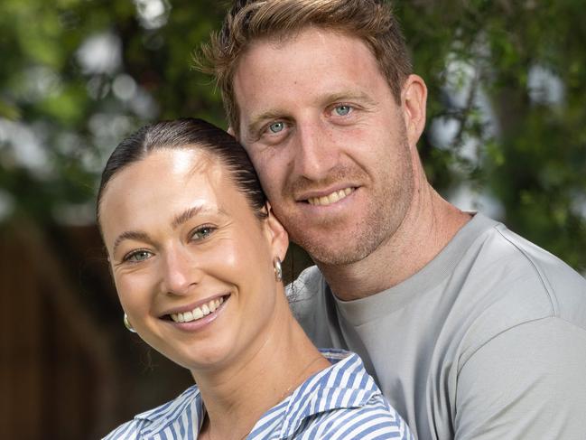 18-01-2024  Former AFL footballer Reece Conca and partner Annabelle Grace (with dog Albus) are now turning to IVF after discovering Reece has male infertility. Picture: Brad Fleet