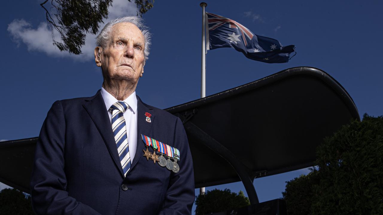 World War II veteran Jim Grebert, who served in the 58th Infantry Battalion in New Guinea and Bougainville, at Sandgate, where he will take part in the Anzac Day proceedings on Tuesday. Picture: Lachie Millard