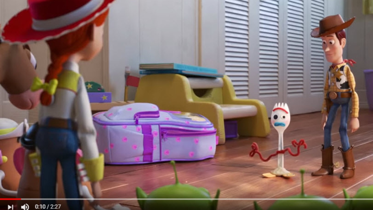 A scene from Toy Story 4 where Woody introduces Forky to the other toys.