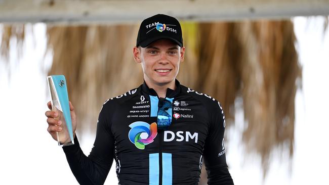 GEELONG, AUSTRALIA - JANUARY 29: Marius Mayrhofer of Germany and Team DSM celebrates at podium as race winner during the 7th Cadel Evans Great Ocean Road Race 2023 - Men's Elite a 174,3km one day race from Geelong to Geelong / #CadelRoadRace / on January 29, 2023 in Geelong, Australia. (Photo by Tim de Waele/Getty Images)