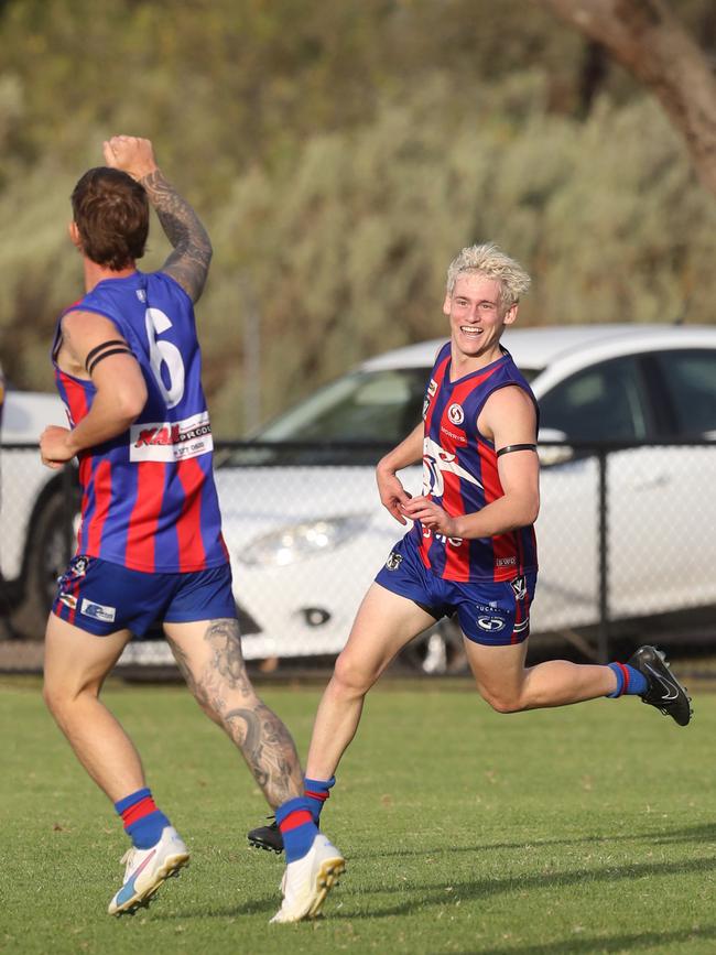 Bell Post Hill's Dylan Witney and Tyler Edwards celebrate a goal. GDFNL - Bell Post Hill v Thomson. Picture: Alan Barber