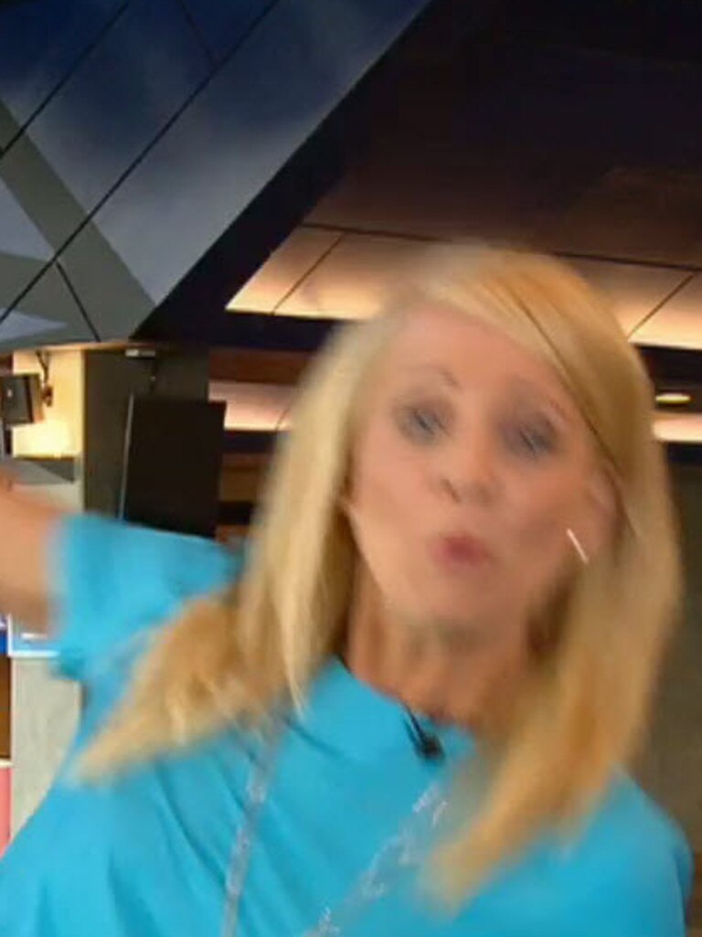 Carrie takes a tumble during a live cross.