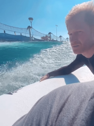 The Duke of Sussex could be seen effortlessly cutting across a 1.8m-barrelling wave at the ranch in a video posted to Tahitian pro surfer Raimana Van Bastolaer’s Instagram account on Thursday. Picture: Instagram