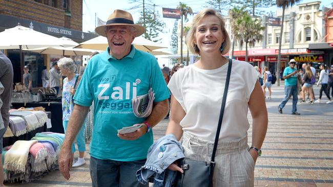 Independent candidate for Warringah Zali Steggall campaigning with her father Jack Steggall in Manly on Saturday. Picture: AAP Image/Jeremy Piper