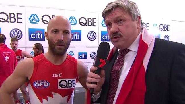 Brian Taylor conducts a post-match interview with Sydney's Jarrad McVeigh