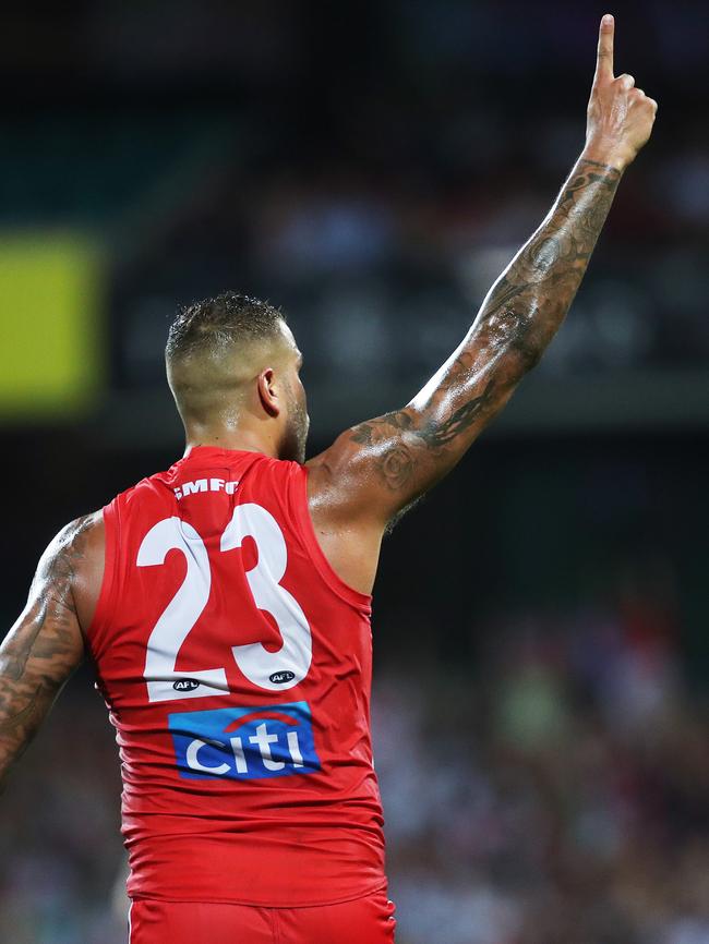 Lance Franklin celebrates his monster goal that ended the Giants’ late charge. Picture. Phil Hillyard