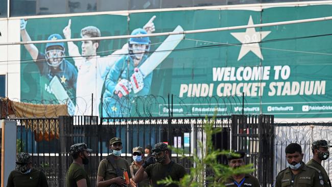 Policemen stand guard outside the Rawalpindi Cricket Stadium after New Zealand withdrew from a series of one-day internationals Picture: AFP