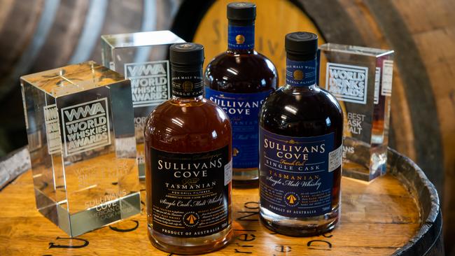 The three world champion whiskys from Sullivan's Cove Distillery. Photo: Chris Crerar