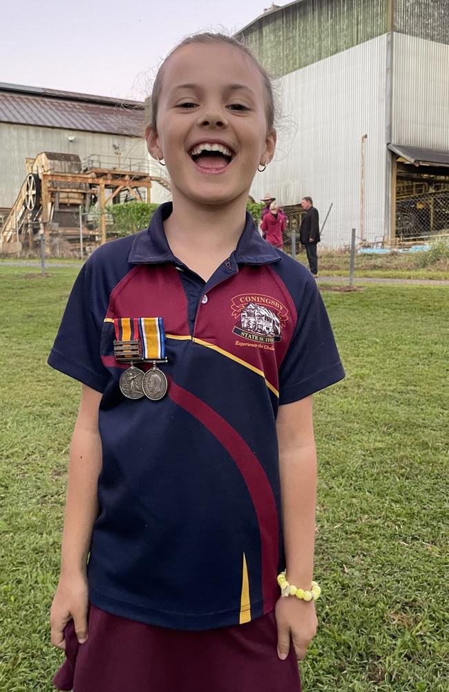 Mackay Anzac Day 2025 Farleigh. Coningsby State School student Aria Woodley wore the medals of her great great grandfather Sydney Dodds. Photo: Fergus Gregg