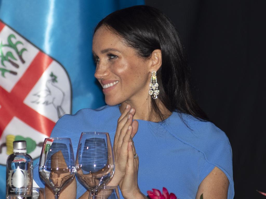 Meghan, Duchess of Sussex attends the State dinner on October 23, 2018 in Suva, Fiji wearing earrings “borrowed” from Saudi Arabian Crown Prince Mohammed bin Salman. Picture: Ian Vogler – Pool/Getty Images