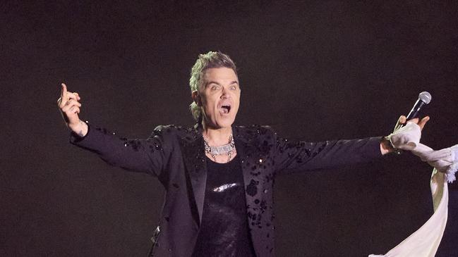 Robbie Williams performing at the Adelaide 500. Picture: Matt Loxton