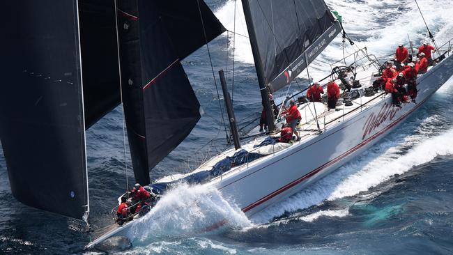 Wild Oats XI makes its way down the coast following the start of the Sydney to Hobart Yacht race in Sydney, Thursday, December 26, 2019. (AAP Image/Dean Lewins) NO ARCHIVING, EDITORIAL USE ONLY