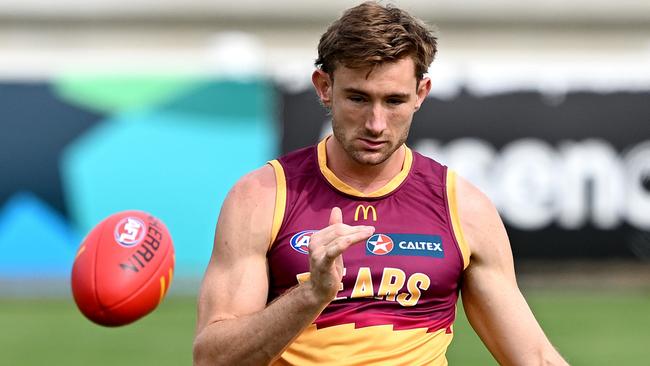 BRISBANE, AUSTRALIA - APRIL 09: Harris Andrews kicks the ball during a Brisbane Lions AFL training session at Brighton Homes Arena on April 09, 2024 in Brisbane, Australia. (Photo by Bradley Kanaris/Getty Images)