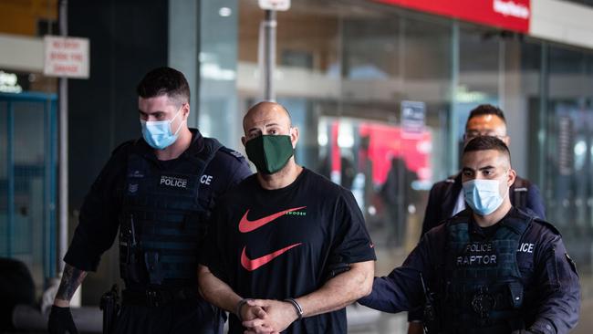 Tarek Zahed in police custoday in March 2021, after being arrested in a Melbourne mosque and extradited back to Sydney. In September he left the country, despite police legal efforts to detain him. Picture: Julian Andrews